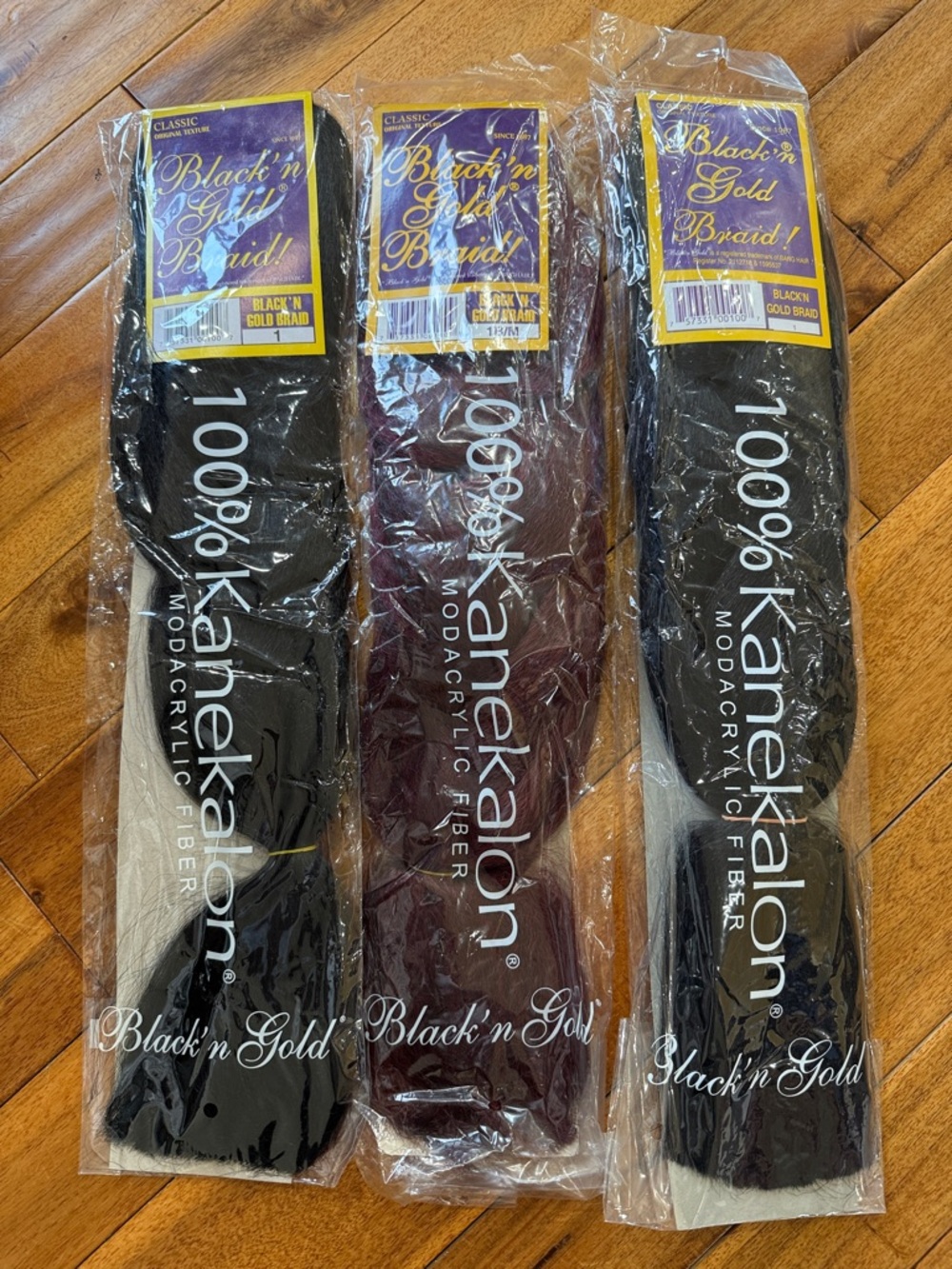 Set of 3 Black 'n Gold Kanekalon Braiding Hair Pack - 2 Black and 1 Burgundy